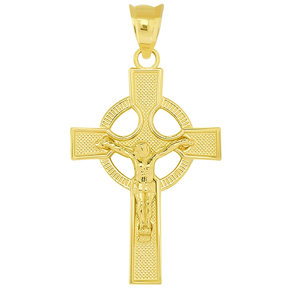 Solid 14k Yellow Gold Celtic Cross Crucifix with Eternity Circle Pendant