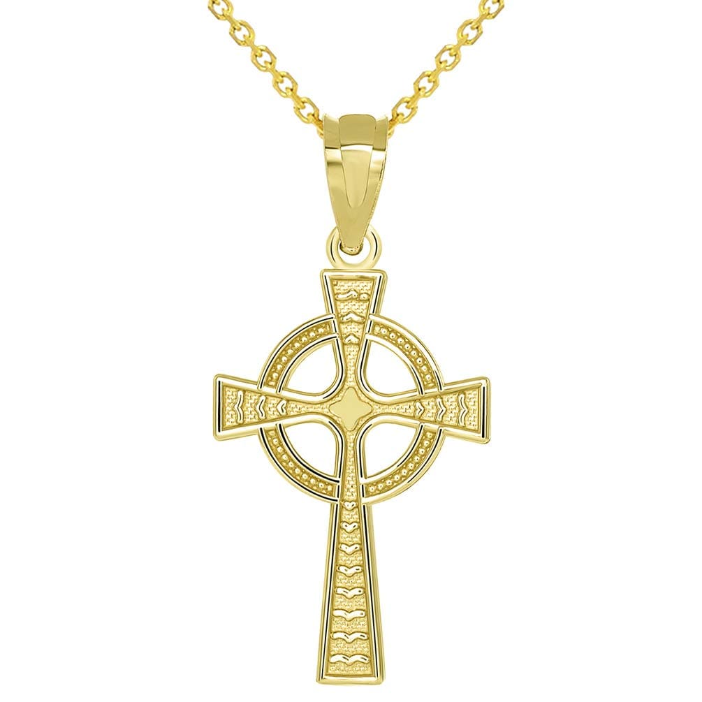 14k Yellow Gold Celtic Cross with Eternity Circle Charm Pendant with Cable Necklace