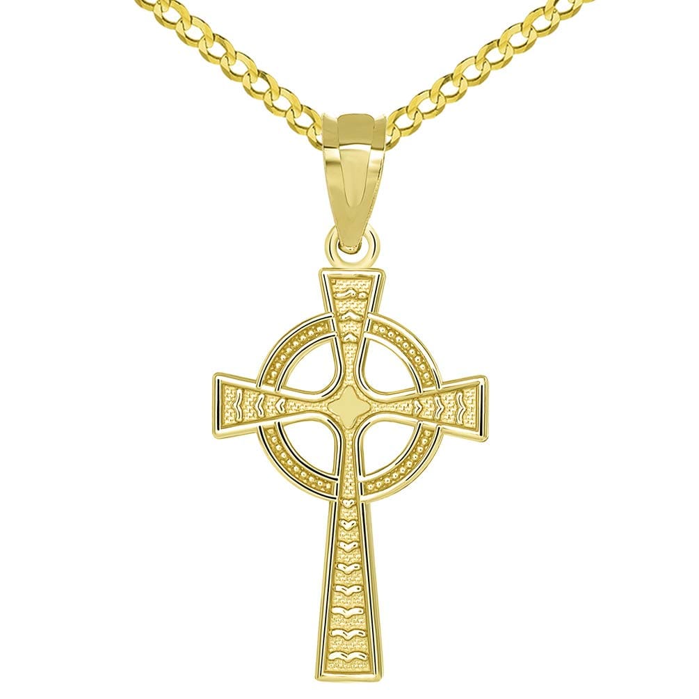 14k Yellow Gold Celtic Cross with Eternity Circle Charm Pendant with Curb Chain Necklace