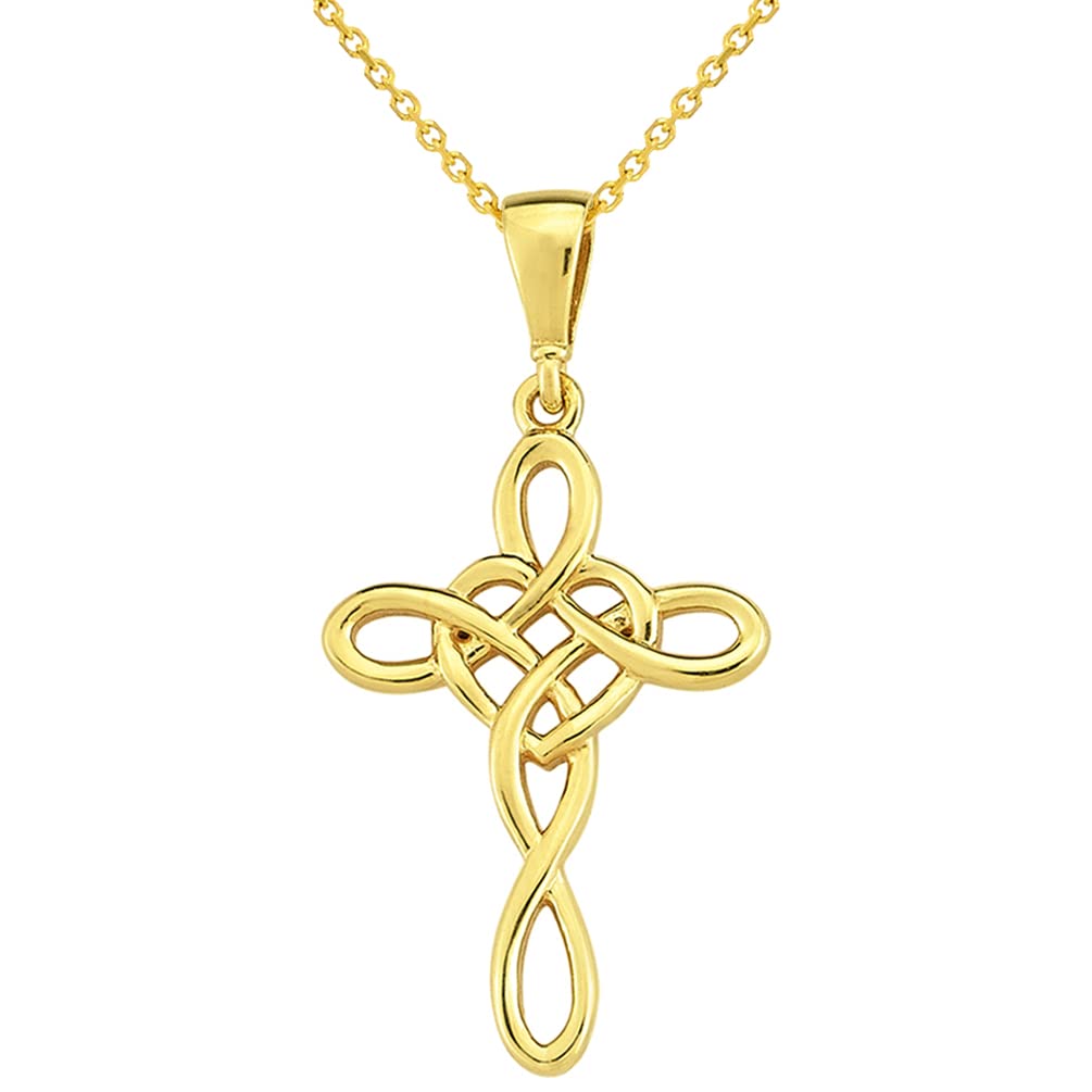 Solid 14k Yellow Gold Celtic Love Knot Heart Cross Pendant Necklace
