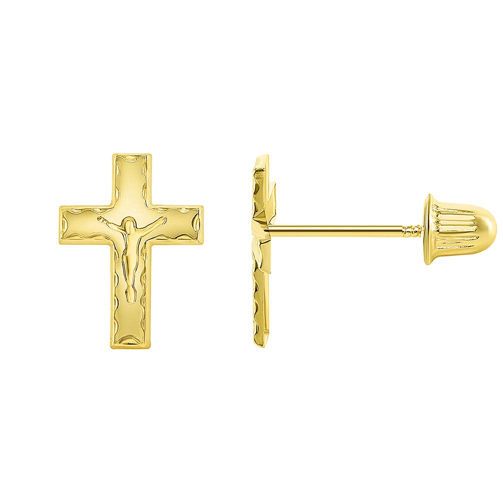 14k Yellow Gold Christian Cross Jesus Silhouette Crucifix Stud Earrings with Screw Back