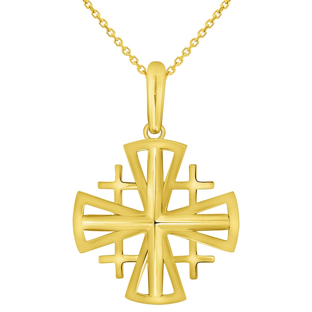 14k Yellow Gold Christian Crusaders Jerusalem Cross Pendant with Rolo Cable, Cuban Curb, or Figaro Chain Necklace