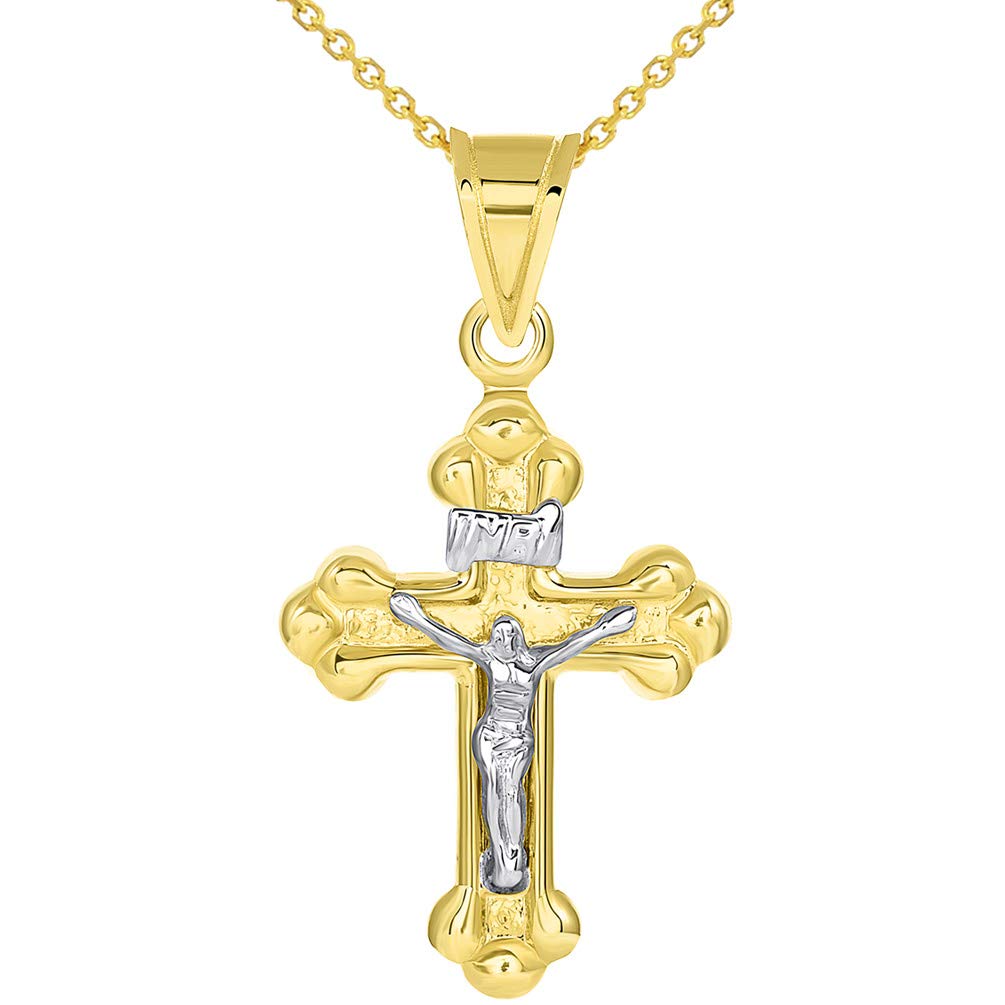 14k Two-Tone Gold Christian INRI Cross Crucifix with Jesus Pendant with Necklace