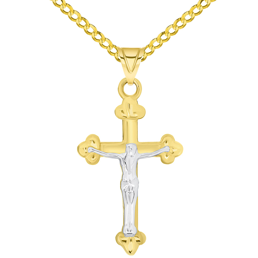 14k Solid Yellow Gold Christian Trefoil Cross Two Tone Crucifix Pendant Necklace Available with Curb Chain