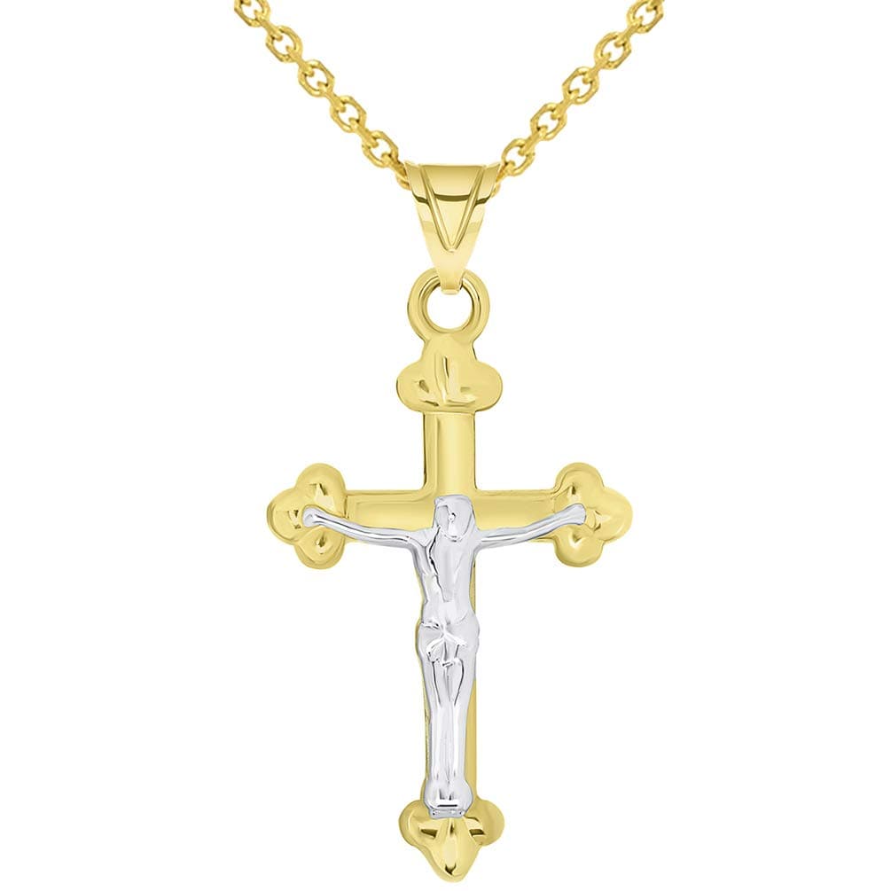 14k Solid Gold Christian Trefoil Cross Two Tone Crucifix Pendant Necklace Available with Rolo, Curb, or Figaro Chain - Yellow Gold
