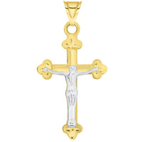 Load image into Gallery viewer, 14k Solid Yellow Gold Christian Trefoil Cross Two Tone Crucifix Pendant Necklace Available with Figaro Chain
