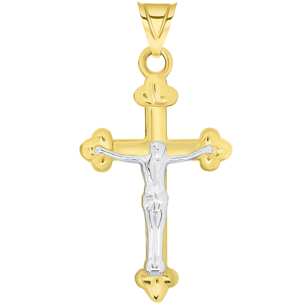 14k Solid Yellow Gold Christian Trefoil Cross Two Tone Crucifix Pendant Necklace Available with Figaro Chain