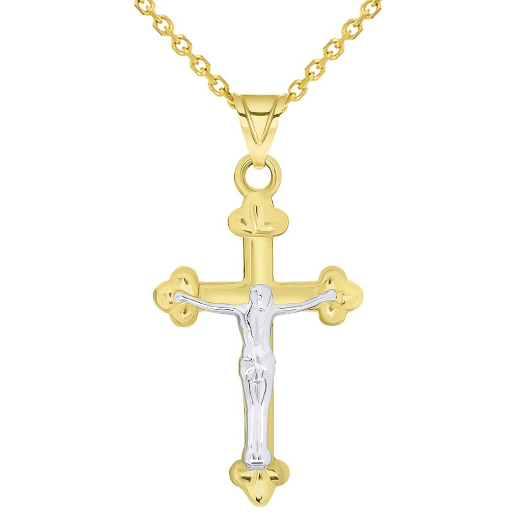 14k Solid Yellow Gold Christian Trefoil Cross Two Tone Crucifix Pendant Necklace Available with Cable Chain