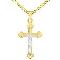 Load image into Gallery viewer, 14k Solid Yellow Gold Christian Trefoil Cross Two Tone Crucifix Pendant Necklace Available with Figaro Chain
