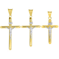 Load image into Gallery viewer, 14k Two Tone Gold Christian Tube Cross Charm INRI Crucifix Pendant - 3 Different Size Available
