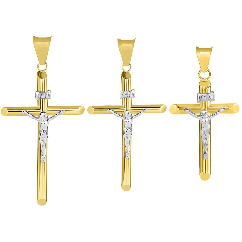 14k Two Tone Gold Christian Tube Cross Charm INRI Crucifix Pendant - 3 Different Size Available