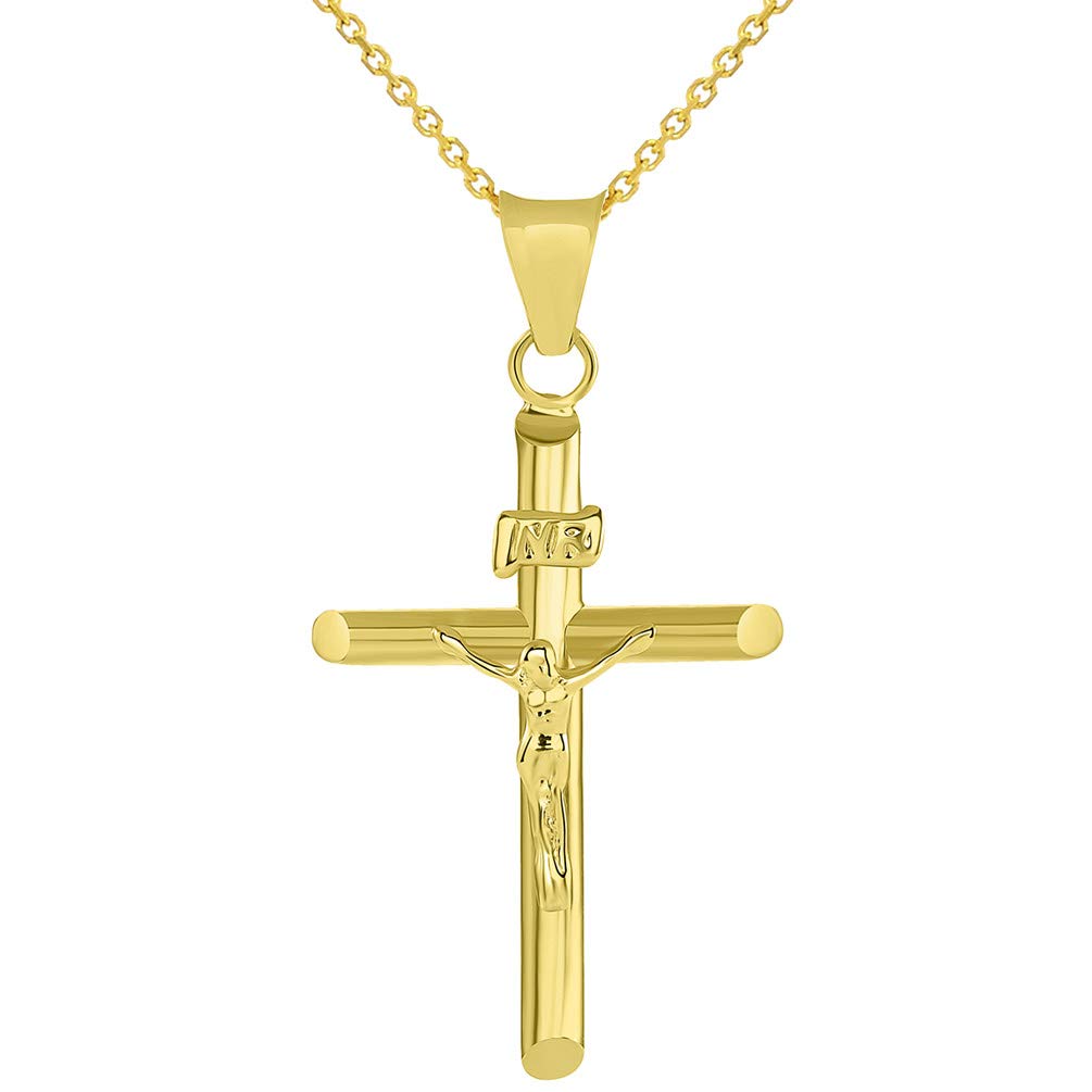 14k Yellow Gold Classic Christian Cross INRI Crucifix Pendant Necklace