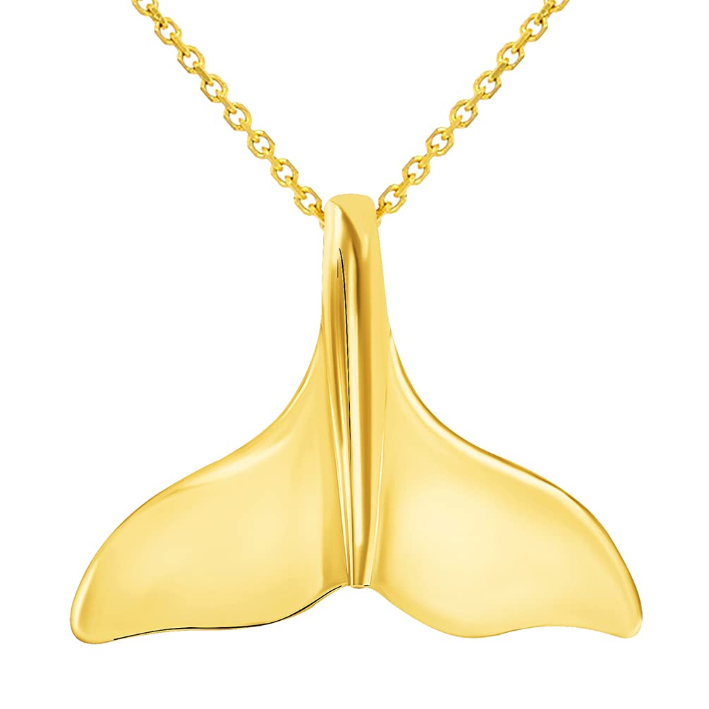 Solid 14k Yellow Gold Classic Dolphin Tail Fin Pendant With Cable, Curb or Figaro Chain Necklace