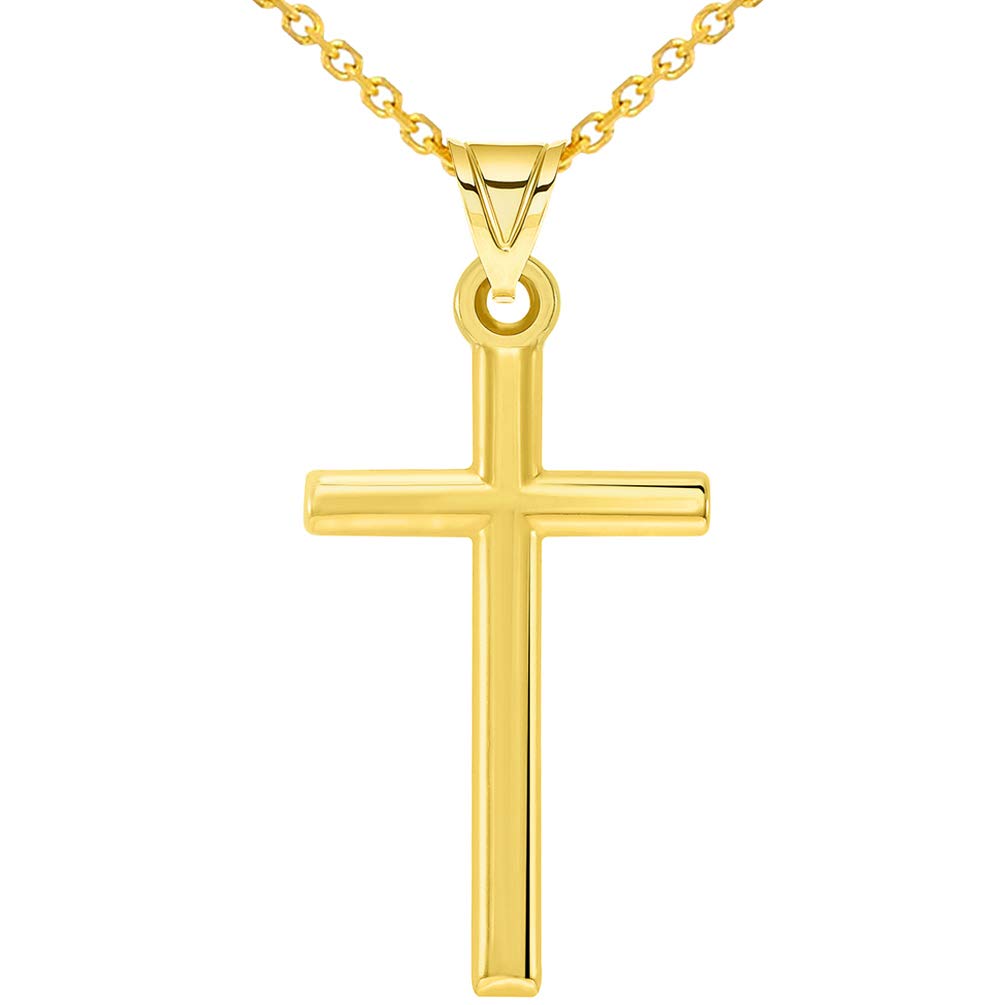 14k Yellow Gold Classic Latin Plain Cross Pendant with Cable, Curb, or Figaro Chain Necklaces