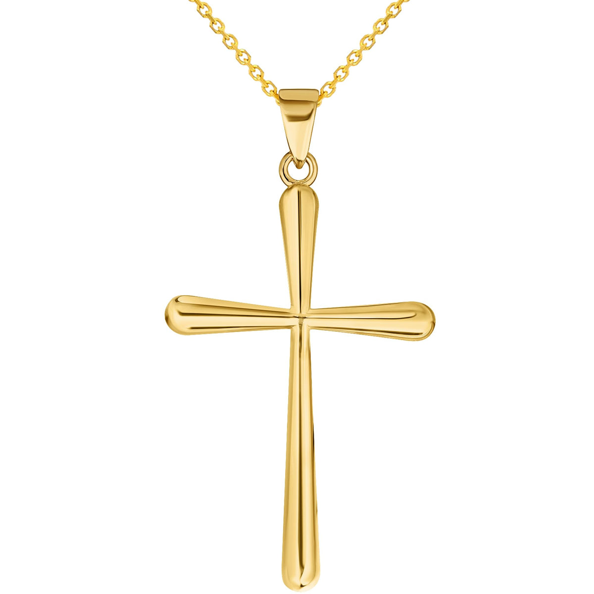 14k Yellow Gold Classic Plain Religious Cross Pendant with Rolo Cable, Cuban Curb, or Figaro Chain Necklace