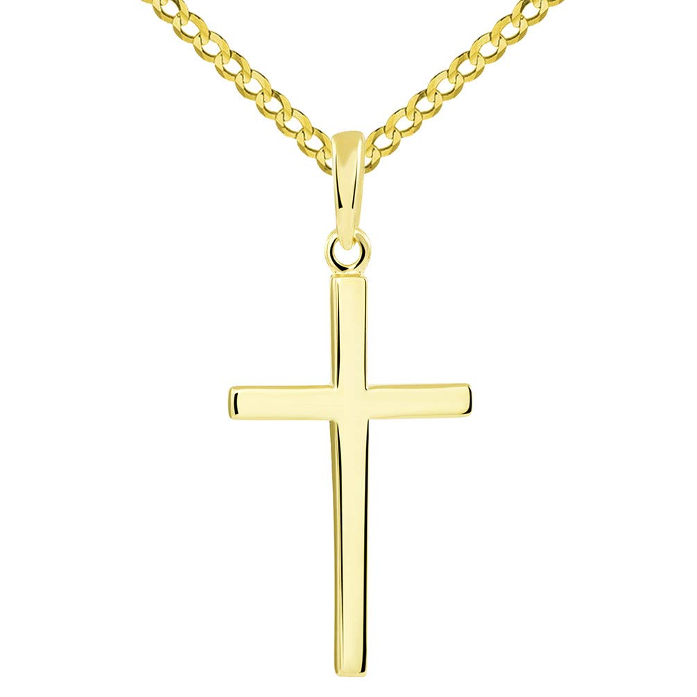 14k Solid Yellow Gold Classic Plain Religious Cross Pendant with Cuban Chain Necklace