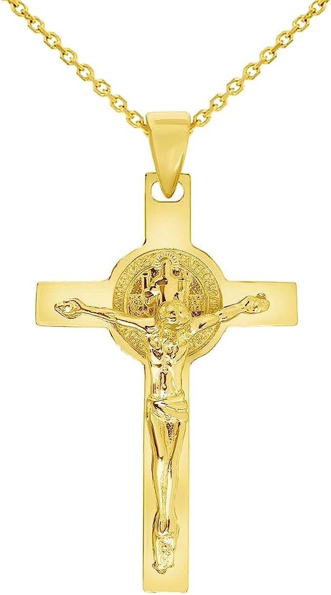 Solid 14k Yellow Gold Classic Saint Benedict Cross Jesus Crucifix Pendant with Cable, Cuban Curb, or Figaro Chain Necklaces