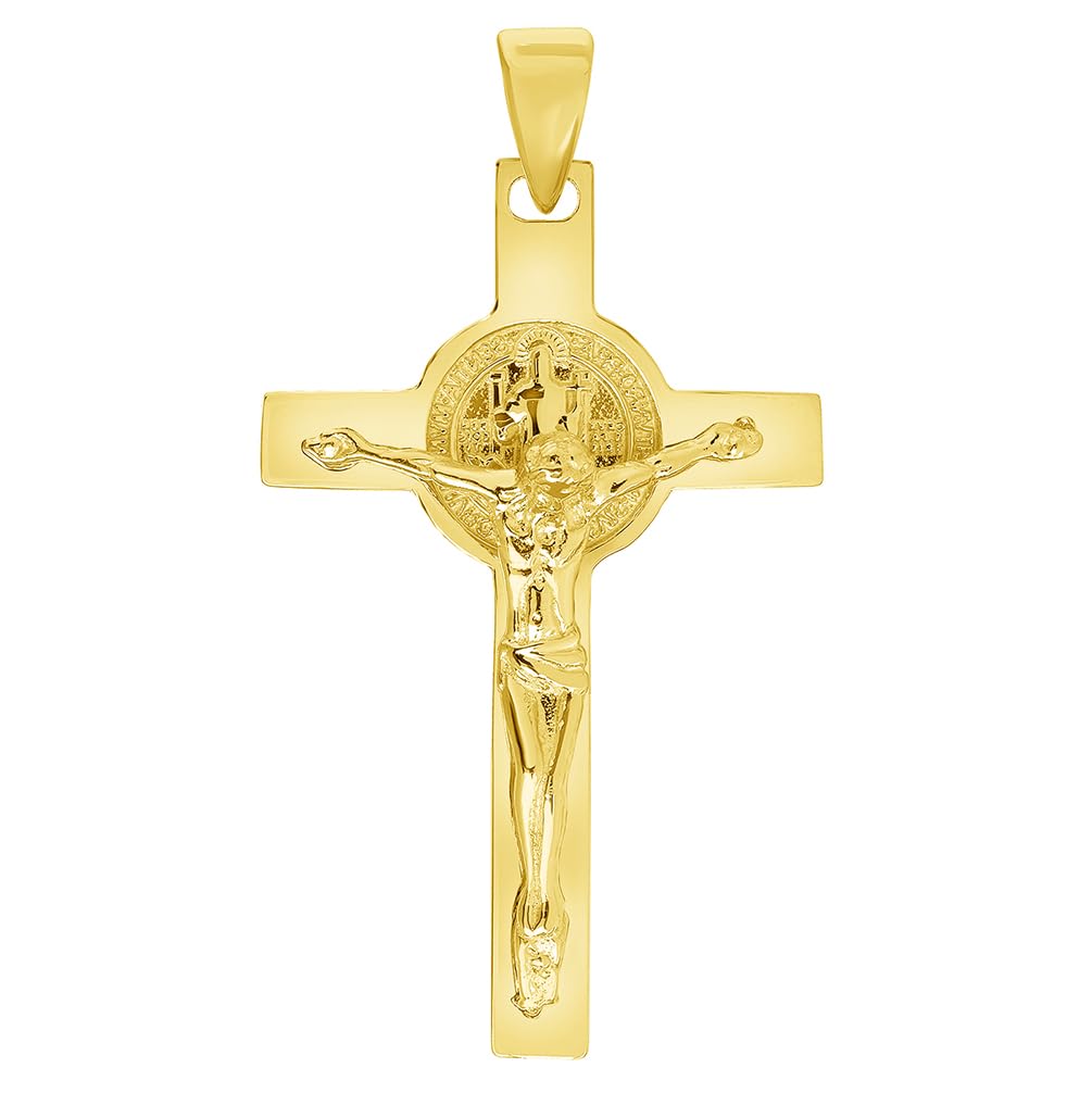 Solid 14k Yellow Gold Classic Saint Benedict Cross Jesus Crucifix Pendant