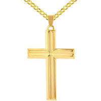 Load image into Gallery viewer, 14k Yellow Gold Crucifix Large Religious Plain Cross Pendant with Cuban Chain Necklace
