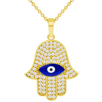 Load image into Gallery viewer, 14k Yellow Gold Cubic-Zirconia Blue Evil Eye Hamsa Hand Pendant Available with Rolo Cable, Cuban Curb, or Figaro Chain Necklaces
