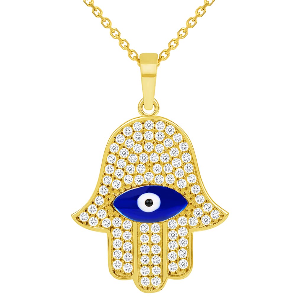 14k Yellow Gold Cubic-Zirconia Blue Evil Eye Hamsa Hand Pendant Available with Rolo Cable, Cuban Curb, or Figaro Chain Necklaces