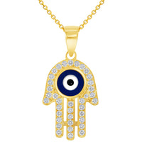 Load image into Gallery viewer, Solid 14k Yellow Gold Cubic-Zirconia Blue Evil Eye Hamsa Hand Pendant Available with Rolo Cable, Cuban Curb, or Figaro Chain Necklaces
