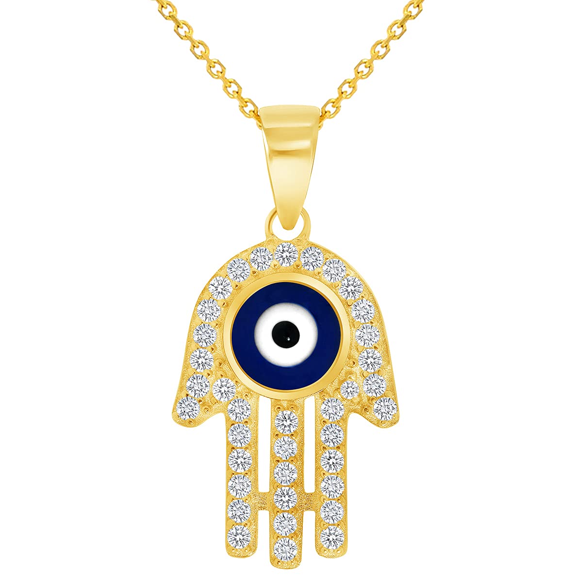 Solid 14k Yellow Gold Cubic-Zirconia Blue Evil Eye Hamsa Hand Pendant Available with Rolo Cable, Cuban Curb, or Figaro Chain Necklaces