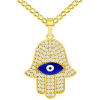 Load image into Gallery viewer, 14k Yellow Gold Cubic-Zirconia Blue Evil Eye Hamsa Hand Pendant Available with Rolo Cable, Cuban Curb, or Figaro Chain Necklaces
