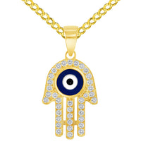Load image into Gallery viewer, Solid 14k Yellow Gold Cubic-Zirconia Blue Evil Eye Hamsa Hand Pendant Available with Rolo Cable, Cuban Curb, or Figaro Chain Necklaces

