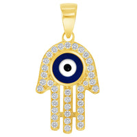 Load image into Gallery viewer, Solid 14k Yellow Gold Cubic-Zirconia Blue Evil Eye Hamsa Hand Pendant Available with Rolo Cable, Cuban Curb, or Figaro Chain Necklaces
