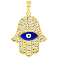 Load image into Gallery viewer, 14k Yellow Gold Cubic-Zirconia Blue Evil Eye Hamsa Hand Pendant Available with Rolo Cable, Cuban Curb, or Figaro Chain Necklaces
