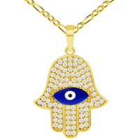 Load image into Gallery viewer, 14k Yellow Gold Cubic-Zirconia Blue Evil Eye Hamsa Hand Pendant Available with Rolo Cable, Cuban Curb, or Figaro Chain Necklaces
