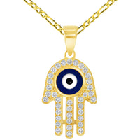 Load image into Gallery viewer, Solid 14k Yellow Gold Cubic-Zirconia Blue Evil Eye Hamsa Hand Pendant Available with Rolo Cable, Cuban Curb, or Figaro Chain Necklaces
