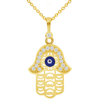 Load image into Gallery viewer, 14k Yellow Gold Cubic-Zirconia Filigree Blue Evil Eye Charm Pendant with Rolo Cable, Cuban Curb, or Figaro Chain Necklace
