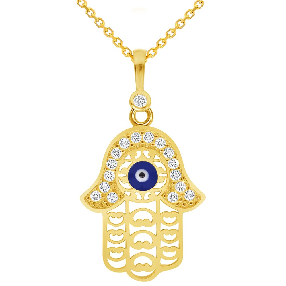 14k Yellow Gold Cubic-Zirconia Filigree Blue Evil Eye Charm Pendant with Rolo Cable, Cuban Curb, or Figaro Chain Necklace