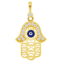 Load image into Gallery viewer, 14k Yellow Gold Cubic-Zirconia Filigree Blue Evil Eye Charm Pendant with Rolo Cable, Cuban Curb, or Figaro Chain Necklace
