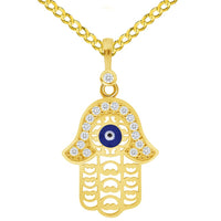 Load image into Gallery viewer, 14k Yellow Gold Cubic-Zirconia Filigree Blue Evil Eye Charm Pendant with Rolo Cable, Cuban Curb, or Figaro Chain Necklace
