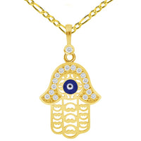 Load image into Gallery viewer, 14k Yellow Gold Cubic-Zirconia Filigree Blue Evil Eye Charm Pendant with Rolo Cable, Cuban Curb, or Figaro Chain Necklace

