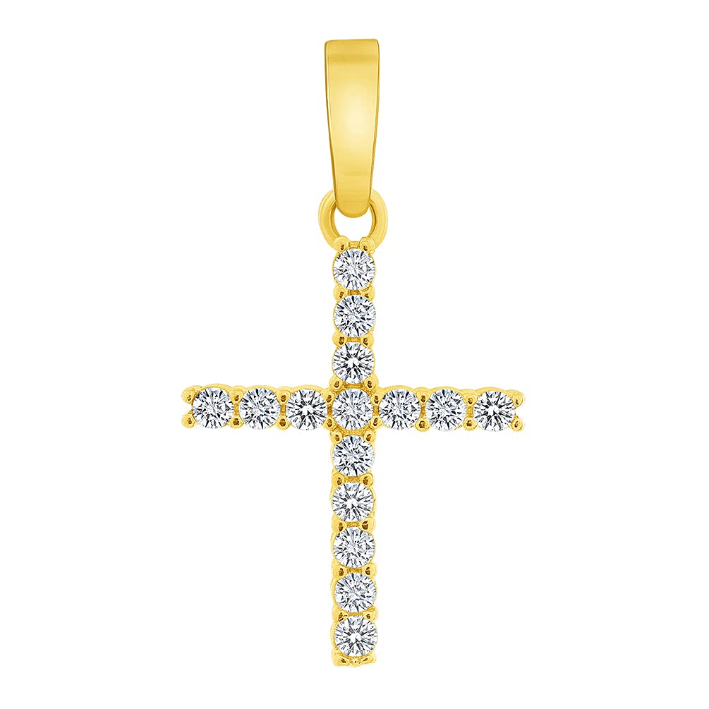Solid 14k Yellow Gold Cubic-Zirconia Religious Cross Charm Pendant