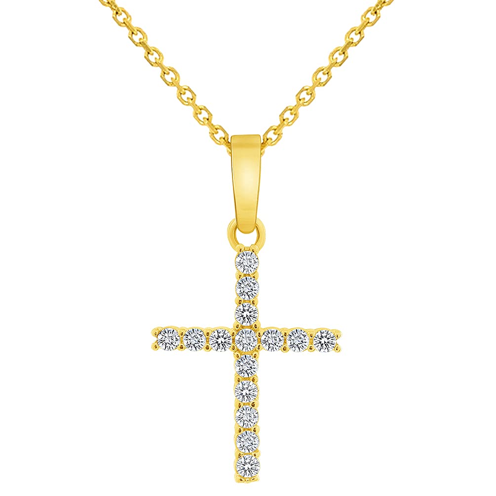 Solid 14k Yellow Gold Cubic-Zirconia Mini Religious Cross Charm Pendant with Rolo Cable, Cuban Curb, or Figaro Chain Necklaces