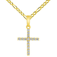 Load image into Gallery viewer, Solid 14k Yellow Gold Cubic-Zirconia Mini Religious Cross Charm Pendant with Rolo Cable, Cuban Curb, or Figaro Chain Necklaces
