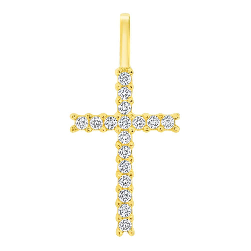 Solid 14k Yellow Gold Cubic-Zirconia Petite Religious Cross Charm Pendant