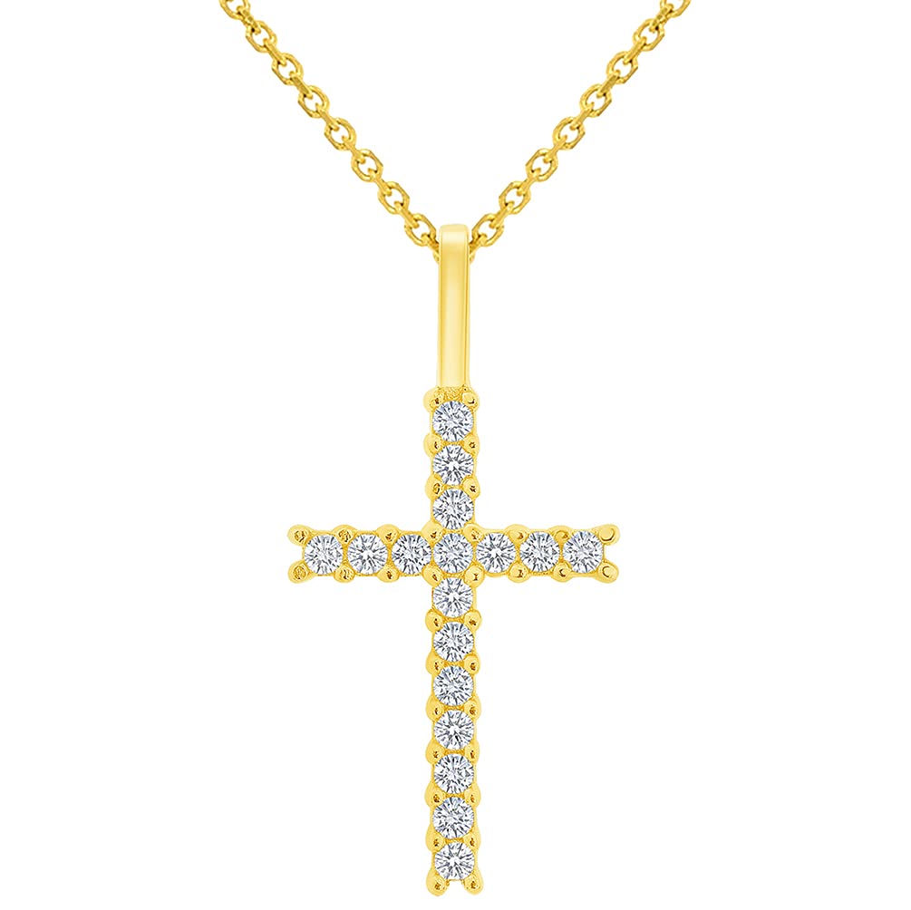 Solid 14k Yellow Gold Cubic-Zirconia Petite Religious Cross Charm Pendant with Rolo Cable, Cuban Curb, or Figaro Chain Necklaces