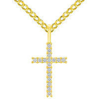 Load image into Gallery viewer, Solid 14k Yellow Gold Cubic-Zirconia Petite Religious Cross Charm Pendant with Rolo Cable, Cuban Curb, or Figaro Chain Necklaces
