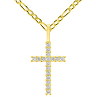Load image into Gallery viewer, Solid 14k Yellow Gold Cubic-Zirconia Petite Religious Cross Charm Pendant with Rolo Cable, Cuban Curb, or Figaro Chain Necklaces
