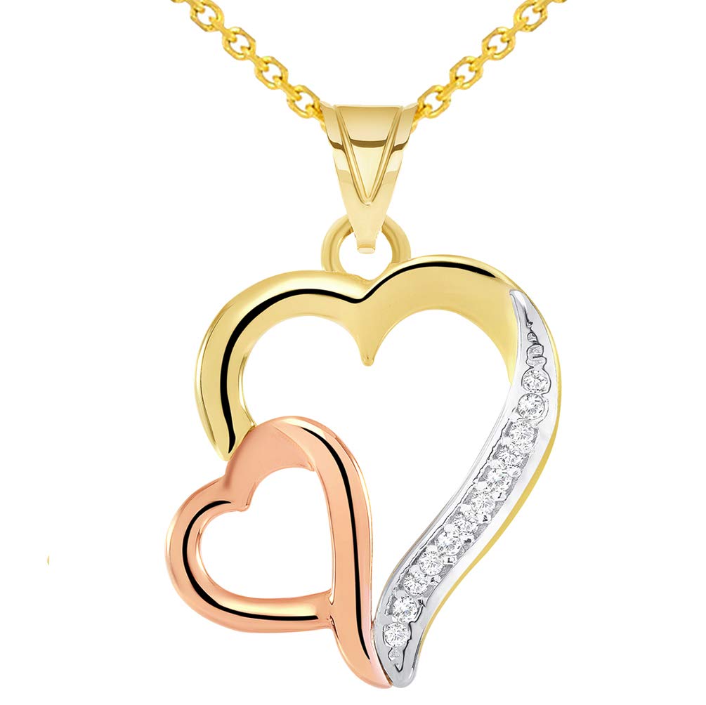 14k Yellow and Rose Gold Cubic Zirconia Double Open Hearts Pendant Necklace