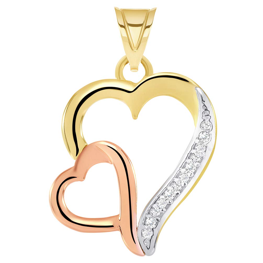 14k Yellow and Rose Gold Cubic Zirconia Double Open Hearts Pendant