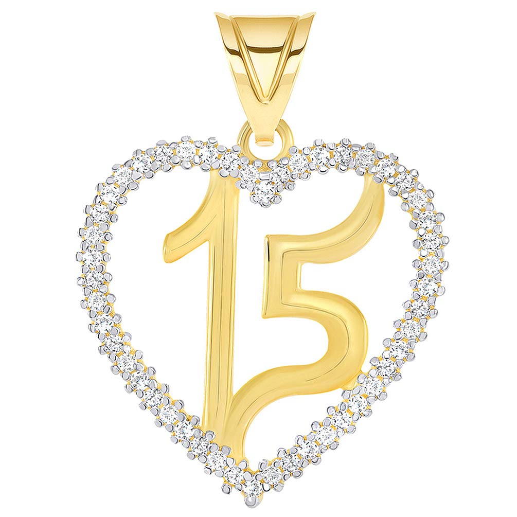 14k Yellow Gold Cubic Zirconia Number 15 Inside Open Heart Pendant