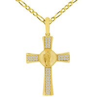Load image into Gallery viewer, 14k Yellow Gold Cubic Zirconia Saint Jude Cross Pendant with Rolo Cable, Cuban Curb, or Figaro Chain Necklace
