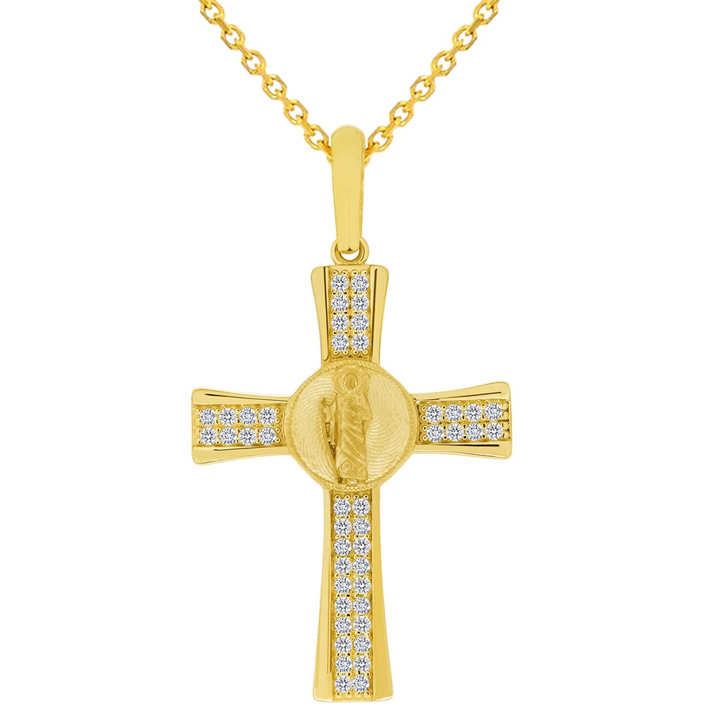 14k Yellow Gold Cubic Zirconia Saint Jude Cross Pendant with Rolo Cable, Cuban Curb, or Figaro Chain Necklace